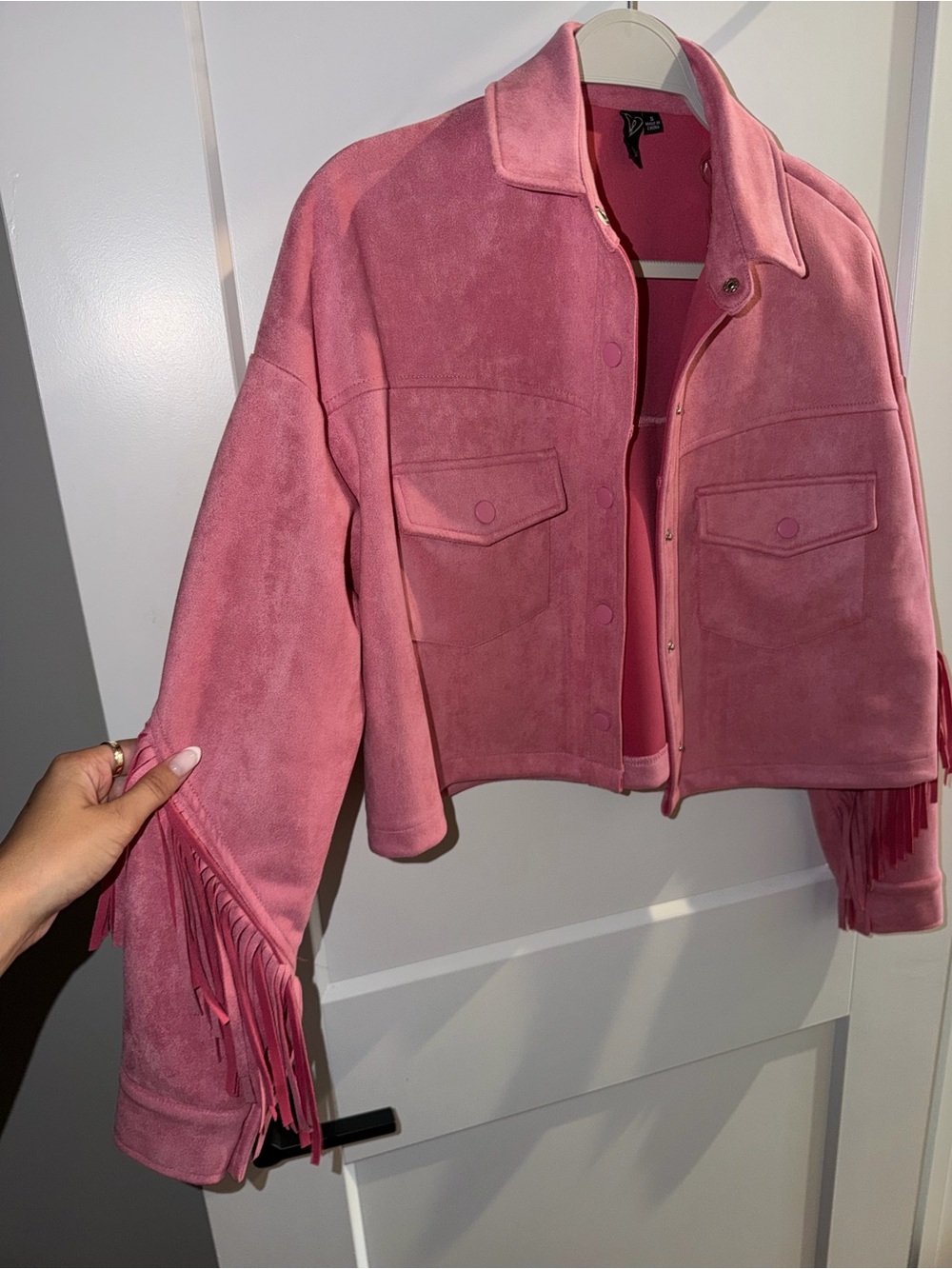 Women's Pink Suede Fringe Jacket - Picture 2 of 3